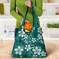 Plumeria Floral Tapa Pattern Crystal Teal Grocery Bag