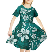 Plumeria Floral Tapa Pattern Crystal Teal Kid Short Sleeve Dress