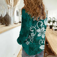 Plumeria Floral Tapa Pattern Crystal Teal Women Casual Shirt