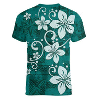 Plumeria Floral Tapa Pattern Crystal Teal Women V-Neck T-Shirt LT01 - Polynesian Pride