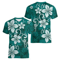 Plumeria Floral Tapa Pattern Crystal Teal Women V-Neck T-Shirt LT01 - Polynesian Pride