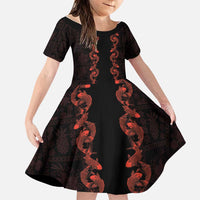 Hawaii Japan Koi Fish Red Family Matching Tank Maxi Dress and Hawaiian Shirt Tapa Pattern LT01 Daughter's Dress Red - Polynesian Pride
