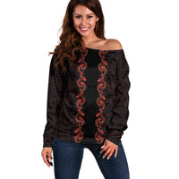 Hawaii Japan Koi Fish Red Off Shoulder Sweater Tapa Pattern - Polynesian Pride