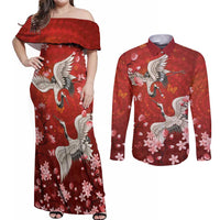 Hawaii Japan Cranes Sakura Flower Red Couples Matching Off Shoulder Maxi Dress and Long Sleeve Button Shirt Japan Heritage Spirit LT01 Red - Polynesian Pride