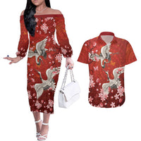 Hawaii Japan Cranes Sakura Flower Red Couples Matching Off The Shoulder Long Sleeve Dress and Hawaiian Shirt Japan Heritage Spirit LT01 Red - Polynesian Pride