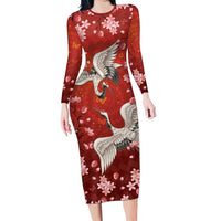 Hawaii Japan Cranes Sakura Flower Red Family Matching Long Sleeve Bodycon Dress and Hawaiian Shirt Japan Heritage Spirit LT01 Mom's Dress Red - Polynesian Pride