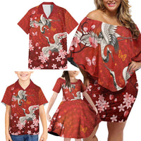 Hawaii Japan Cranes Sakura Flower Red Family Matching Off Shoulder Short Dress and Hawaiian Shirt Japan Heritage Spirit LT01 - Polynesian Pride