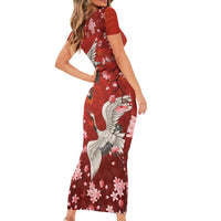 Hawaii Japan Cranes Sakura Flower Red Short Sleeve Bodycon Dress Japan Heritage Spirit - Polynesian Pride