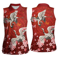 Hawaii Japan Cranes Sakura Flower Red Women Sleeveless Polo Shirt - Japan Heritage Spirit LT01 - Polynesian Pride