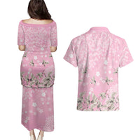 Cranes Sakura Floral Pink Pastel Couples Matching Puletasi and Hawaiian Shirt Hawaii Japan Culture LT01 - Polynesian Pride
