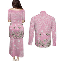 Cranes Sakura Floral Pink Pastel Couples Matching Puletasi and Long Sleeve Button Shirt Hawaii Japan Culture - Polynesian Pride
