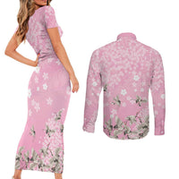 Cranes Sakura Floral Pink Pastel Couples Matching Short Sleeve Bodycon Dress and Long Sleeve Button Shirt Hawaii Japan Culture LT01 - Polynesian Pride