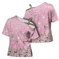 Cranes Sakura Floral Pink Pastel Cross Shoulder Shirt Hawaii Japan Culture - Polynesian Pride
