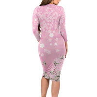 Cranes Sakura Floral Pink Pastel Long Sleeve Bodycon Dress Hawaii Japan Culture - Polynesian Pride