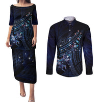 Personalised Matariki Paua Shell New Zealand Couples Matching Puletasi and Long Sleeve Button Shirt Haka Dance At The Starry Night LT01 Black - Polynesian Pride