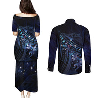 Personalised Matariki Paua Shell New Zealand Couples Matching Puletasi and Long Sleeve Button Shirt Haka Dance At The Starry Night LT01 - Polynesian Pride