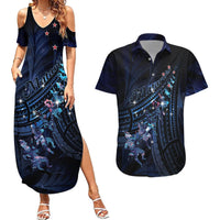 Personalised Matariki Paua Shell New Zealand Couples Matching Summer Maxi Dress and Hawaiian Shirt Haka Dance At The Starry Night LT01 Black - Polynesian Pride