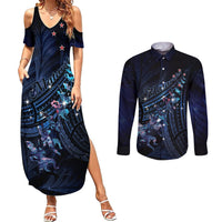 Personalised Matariki Paua Shell New Zealand Couples Matching Summer Maxi Dress and Long Sleeve Button Shirt Haka Dance At The Starry Night LT01 Black - Polynesian Pride