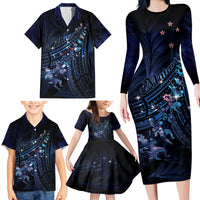 Personalised Matariki Paua Shell New Zealand Family Matching Long Sleeve Bodycon Dress and Hawaiian Shirt Haka Dance At The Starry Night LT01 - Polynesian Pride