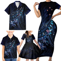 Personalised Matariki Paua Shell New Zealand Family Matching Short Sleeve Bodycon Dress and Hawaiian Shirt Haka Dance At The Starry Night LT01 - Polynesian Pride
