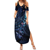 Personalised Matariki Paua Shell New Zealand Family Matching Summer Maxi Dress and Hawaiian Shirt Haka Dance At The Starry Night LT01 Mom's Dress Black - Polynesian Pride