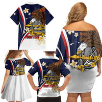 Personalized American Samoa Family Matching Off Shoulder Short Dress and Hawaiian Shirt Amerika Samoa Bald Eagle