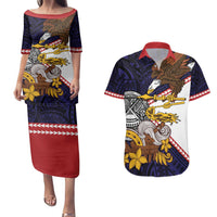 American Samoa Eagle Kava Bowl Couples Matching Puletasi and Hawaiian Shirt Plumeria Polynesian Pattern
