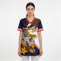 American Samoa Eagle Kava Bowl Scrub Top Plumeria Polynesian Pattern - Polynesian Pride