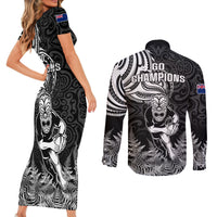 New Zealand Silver Fern Rugby Couples Matching Short Sleeve Bodycon Dress and Long Sleeve Button Shirts Maori Tiki Player With Ta Moko Tribal LT01 - Polynesian Pride