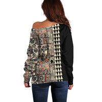 Hawaiian Quilt Off Shoulder Sweater Hibiscus Kakau Vintage Style LT01 - Polynesian Pride