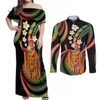 Hawaii King Kamehameha Couples Matching Off Shoulder Maxi Dress and Long Sleeve Button Shirt Fantastic Plumeria Reggae