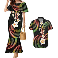 Hawaii Plumeria Reggae Couples Matching Mermaid Dress and Hawaiian Shirt Polynesian Pattern