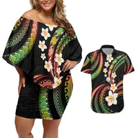 Hawaii Plumeria Reggae Couples Matching Off Shoulder Short Dress and Hawaiian Shirt Polynesian Pattern