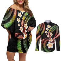 Hawaii Plumeria Reggae Couples Matching Off Shoulder Short Dress and Long Sleeve Button Shirt Polynesian Pattern
