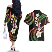 Hawaii Plumeria Reggae Couples Matching Off The Shoulder Long Sleeve Dress and Hawaiian Shirt Polynesian Pattern