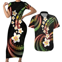 Hawaii Plumeria Reggae Couples Matching Short Sleeve Bodycon Dress and Hawaiian Shirt Polynesian Pattern