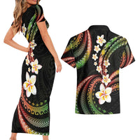 Hawaii Plumeria Reggae Couples Matching Short Sleeve Bodycon Dress and Hawaiian Shirt Polynesian Pattern