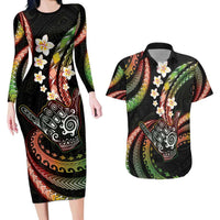 Hawaii Shaka Sign Couples Matching Long Sleeve Bodycon Dress and Hawaiian Shirt Fantastic Frangipani Reggae