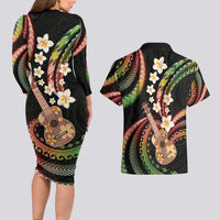 Hawaiian Ukulele Couples Matching Long Sleeve Bodycon Dress and Hawaiian Shirt Jawaiian Fantastic Plumeria