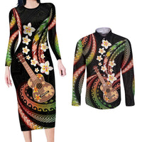 Hawaiian Ukulele Couples Matching Long Sleeve Bodycon Dress and Long Sleeve Button Shirt Jawaiian Fantastic Plumeria