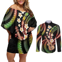 Hawaiian Ukulele Couples Matching Off Shoulder Short Dress and Long Sleeve Button Shirt Jawaiian Fantastic Plumeria