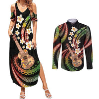 Hawaiian Ukulele Couples Matching Summer Maxi Dress and Long Sleeve Button Shirt Jawaiian Fantastic Plumeria