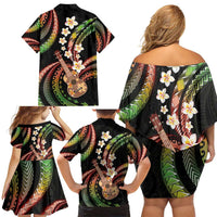 Hawaiian Ukulele Family Matching Off Shoulder Short Dress and Hawaiian Shirt Jawaiian Fantastic Plumeria
