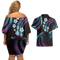 Hawaii Map Kanaka Maoli Couples Matching Off Shoulder Short Dress and Hawaiian Shirt Fantastic Frangipani Amethyst Gradient