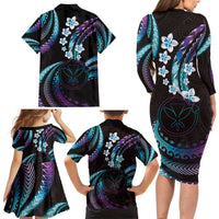 Hawaii Map Kanaka Maoli Family Matching Long Sleeve Bodycon Dress and Hawaiian Shirt Fantastic Frangipani Amethyst Gradient