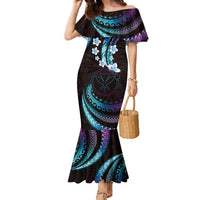 Hawaii Map Kanaka Maoli Family Matching Mermaid Dress and Hawaiian Shirt Fantastic Frangipani Amethyst Gradient