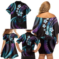 Hawaii Map Kanaka Maoli Family Matching Off Shoulder Short Dress and Hawaiian Shirt Fantastic Frangipani Amethyst Gradient
