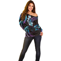 Hawaii Map Kanaka Maoli Off Shoulder Sweater Fantastic Frangipani Amethyst Gradient