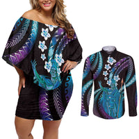 Hawaii King Kamehameha Couples Matching Off Shoulder Short Dress and Long Sleeve Button Shirt Fantastic Plumeria Amethyst Gradient