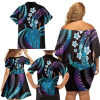 Hawaii King Kamehameha Family Matching Off Shoulder Short Dress and Hawaiian Shirt Fantastic Plumeria Amethyst Gradient